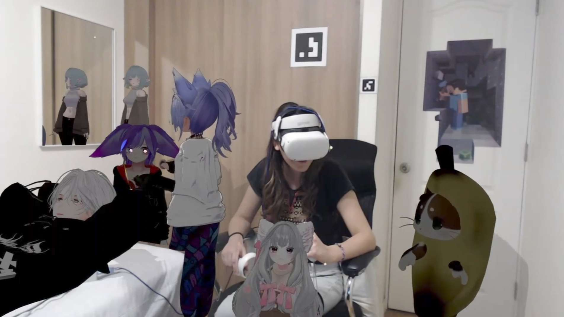Samira wearing a mixed reality headset, surrounded by virtual characters